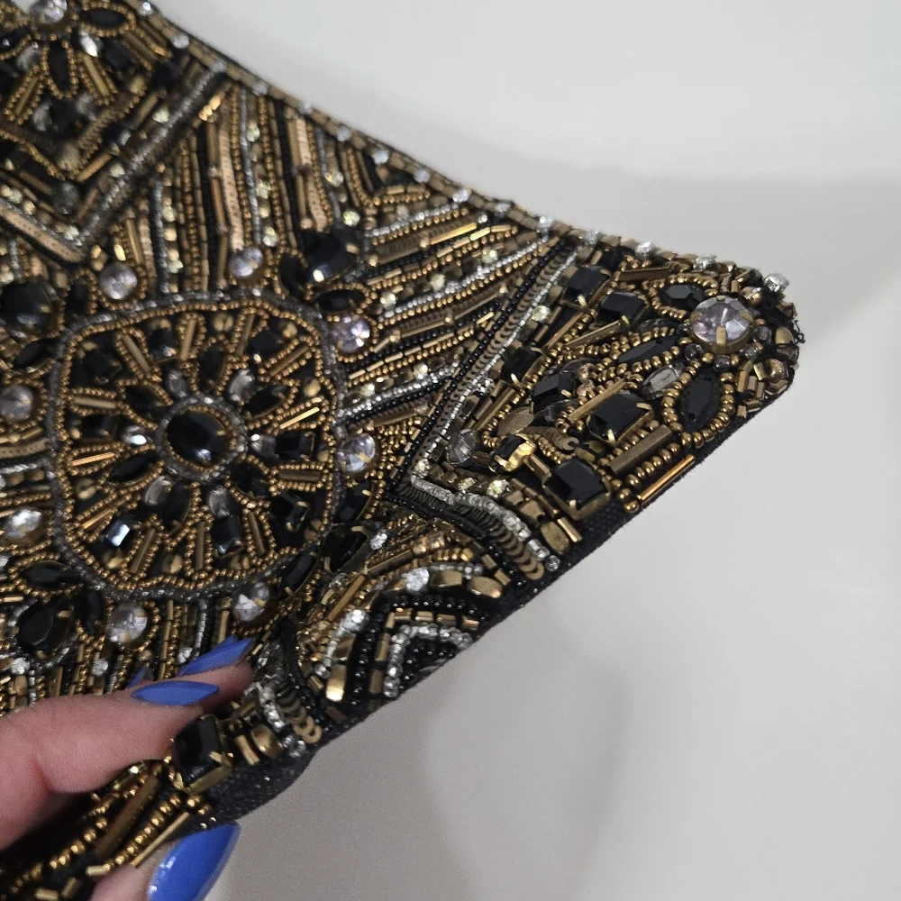 Chico's Black and Gold Beaded Wristlet Clutch